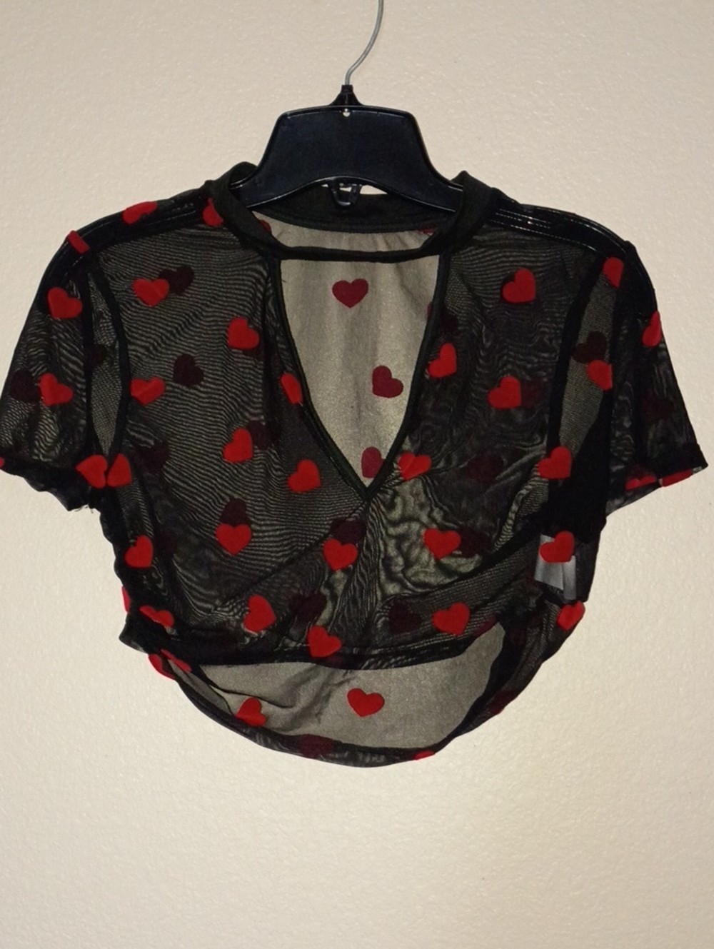 Black Sheer Crop Top with Red Heart Print